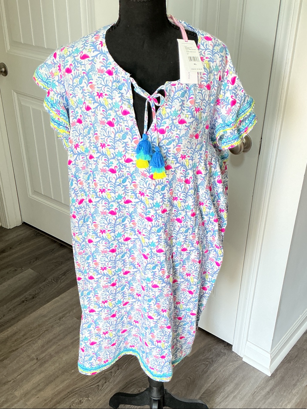 Vineyard Vines White Floral Flamingo High-Low Dress With Pink & Blue Tassels
